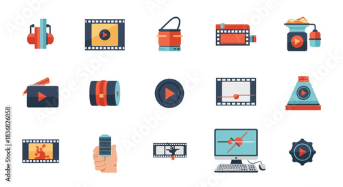 Colorful Flat Design Icons for Video Production Film Editing and Multimedia Playback.