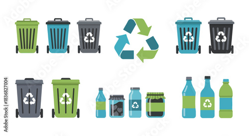 Colorful Recycling Bins Bottles Jars and Symbol for Waste Segregation.