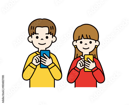 スマートフォンを操作する、10代の若い男性と女性の上半身ベクターイラスト素材セット＿カラー