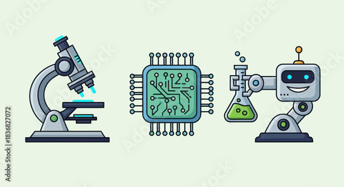 Colorful Science and Technology Icons: Microscope Circuit Board and Robotic Arm.