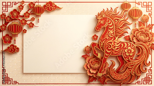 Illustration of 2026 Chinese New Year Fire Horse  in Luxury Red and Gold Paper Background