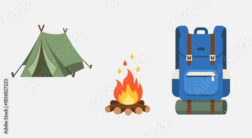 A collection of flat vector icons for camping and hiking including a tent campfire and backpack.