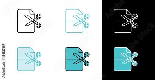 Scissors cutting paper icon for editing and document modification in line and fill style