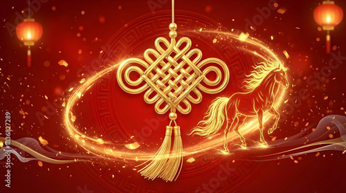 Golden Fire Horse and Chinese Lucky Knot on Red Lunar New Year Background