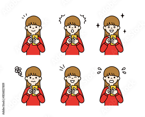 スマートフォンを操作する、様々な表情の若い女性・学生のベクターイラスト素材セット＿カラー