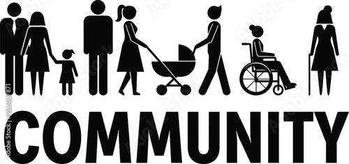 Here is a title and a list of keywords optimized for SEO on Adobe Stock for the image of diverse people figures with the word "COMMUNITY".