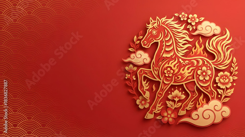 2026 Luxurious Red and Gold Fire Horse Background for Chinese New Year Background