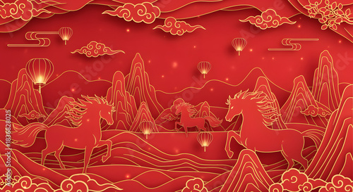 2026 Chinese New Year celebration with auspicious red and gold mountain landscape and galloping horses background