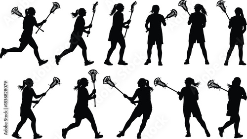 Set of Female Lacrosse Player Silhouettes Black Vector for Sport Games, Women's Athletics, Team Competition, and Dynamic Stick Handling Graphics