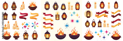 Winter Solstice Festival Icon Set with Lanterns and Decorative Elements