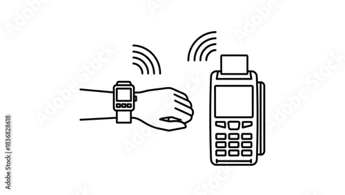 Smartwatch Contactless Payment Vector Icon. Wearable Technology Transaction with POS Terminal Line Art Illustration.