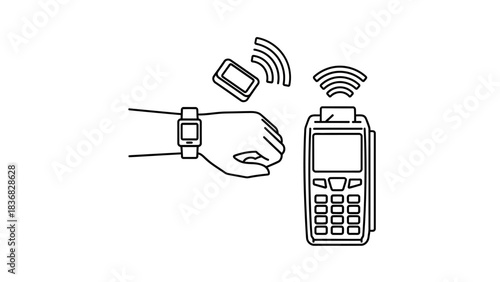 Contactless Payment Terminal POS Machine with Smartwatch and Card Line Icon Illustration