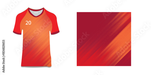 This shirt is a football shirt designed in red and orange tones. The shirt has a unique graphic pattern and creates movement with different patterns.