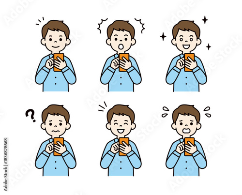 スマートフォンを操作する、様々な表情の20代・30代の男性のベクターイラスト素材セット＿カラー