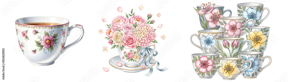 custom made wallpaper toronto digitalCollection of teacups with floral designs and a teacup filled with flowers on a white surface on transparent background