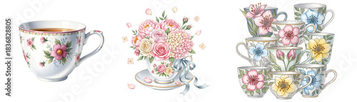 Wallpaper Mural Collection of teacups with floral designs and a teacup filled with flowers on a white surface on transparent background Torontodigital.ca