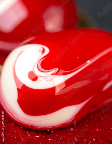 Close-up of glossy, swirling red and white liquid