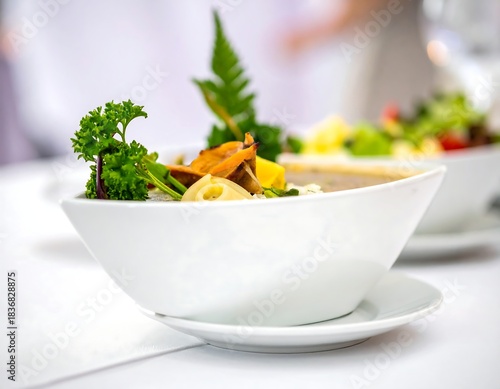 Close-up of elegant white bowl filled with gourmet soup