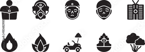 Black and white icons representing people and elements