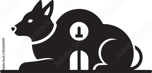 Black silhouette of a dog and rabbit hybrid with a house shape