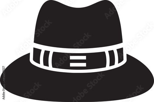 Black silhouette of a fedora hat with white band on white background