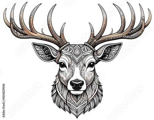 Detailed illustration of a deer head with intricate patterns