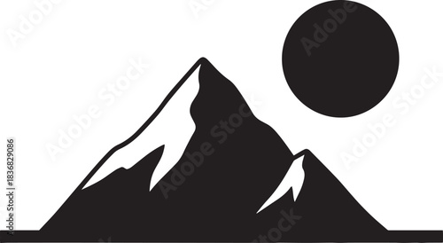 Black silhouette of mountains with sun on white background