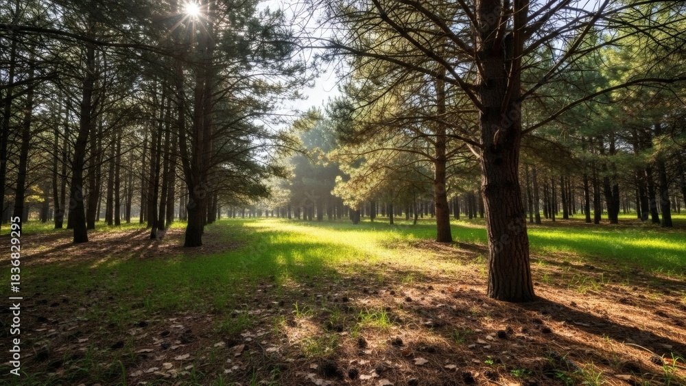 Naklejka premium Tranquil morning sunlight illuminates a serene forest path through tall evergreen trees, casting beautiful dappled light and long shadows on the vibrant green undergrowth
