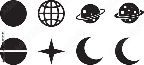 Celestial Bodies and Geometric Shapes in Black on White Background