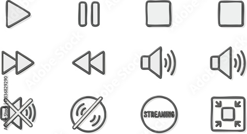 A collection of gray outline media player control icons on a white background, including play, pause, stop, volume, and fullscreen.