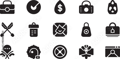 Diverse black and white icons for various applications