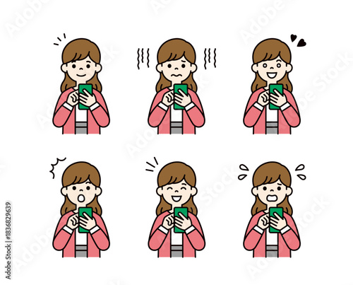 スマートフォンを操作する、様々な表情の20代・30代の女性のベクターイラスト素材セット＿カラー