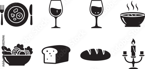 Food and Drink Icons Set Keywords: food, drink, icons, set, plate, fork, knife, wine glass, soup