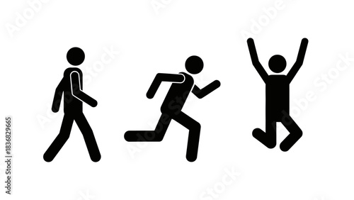 Stick Figure Icon Set: Walking, Running, and Jumping Pictograms Depicting Human Action and Movement