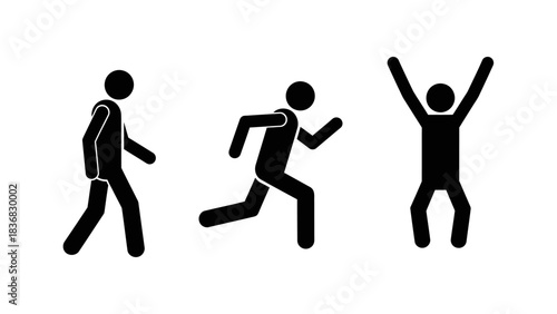 Stick Figure Pictogram Set: Man Walking, Running, and Raising Hands Icon Sequence. Basic Black Graphics Symbolizing Movement, Activity, Success, and Freedom