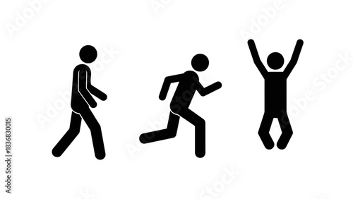 Stick Figure Icons Set: Walking, Running, and Cheering Action Pictograms