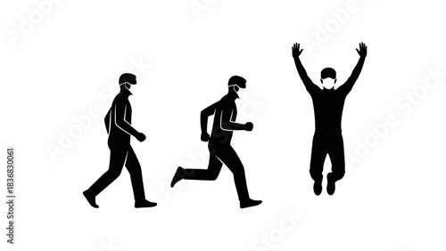 Man in Face Mask Activity Silhouettes - Walking, Running, and Jumping Vector Illustration Set