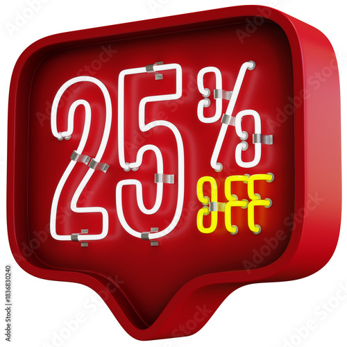 3D Flickering Animation of 25 Percent Off Neon Discount Sign Inside a Red Bubble Balloon
