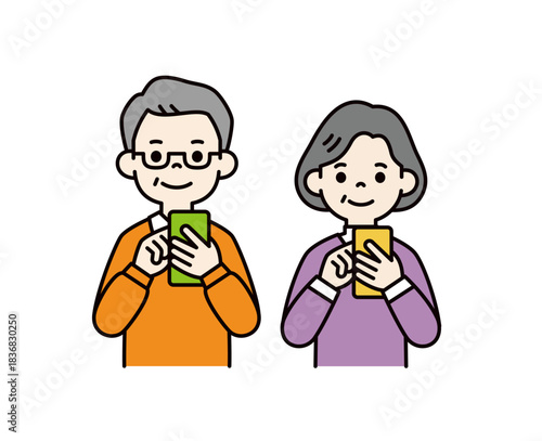 スマートフォンを操作する、おじいさんとおばあさんの上半身ベクターイラスト素材セット＿カラー