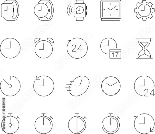 Time and clock line icons set. Editable stroke. Watch, timer, calendar, date, alarm, stopwatch, and timekeeping outline vector illustrations.