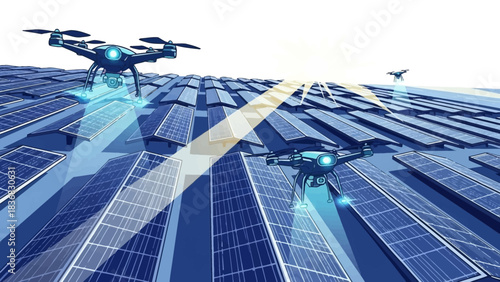 Dark quadcopter drones with glowing blue lights inspecting an expansive field of blue solar panels.