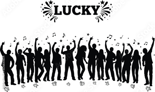 Diverse group of people dancing silhouette vector set under music notes and stars, symbolizing party, celebration, concert fun, enthusiasm, and a lucky festive atmosphere.