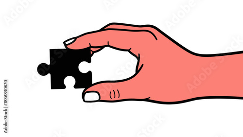 Cartoon illustration of a hand holding a single black puzzle piece, symbolizing finding the solution, problem solving, teamwork, or integration concept.