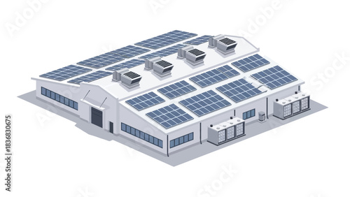 Isometric industrial building featuring blue solar panels rooftop HVAC units and external energy storage cabinets.