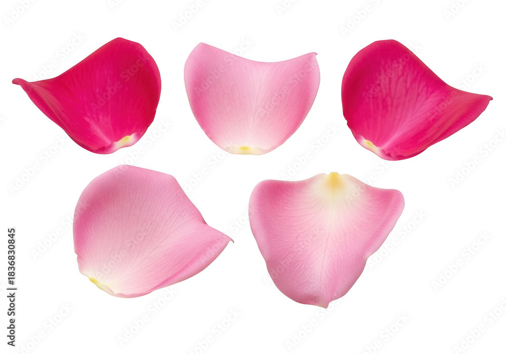 Fototapeta premium Five pink rose petals in mixed shades, isolated on transparent background