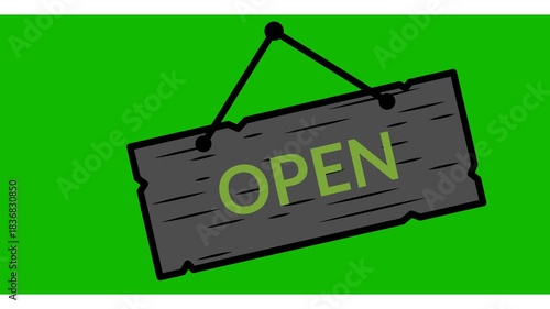 Footage open store sign icon on a green screen background. Animation of signboard open store for shop on green background. Open signboard store animation. Open sign hanging door store shop