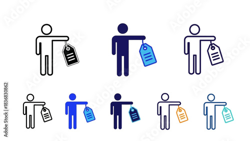 Person Holding Price Tag Icon Set Vector Illustration. Collection of Icons Representing Retail, Sales, and Discount Figures for Interface and Business Design