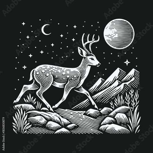 Majestic deer walking in a mountain landscape at night under a starry sky.