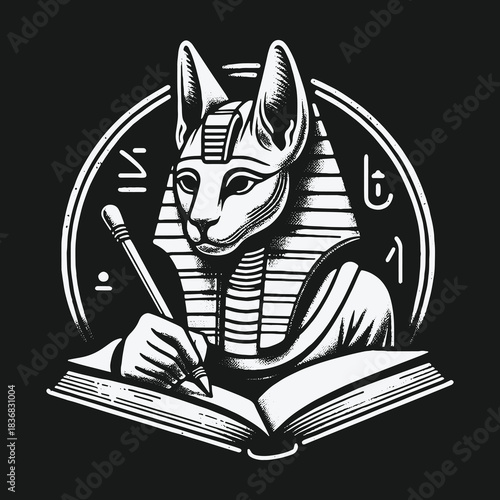 Ancient Egyptian Cat Goddess Bastet Writing in a Book.