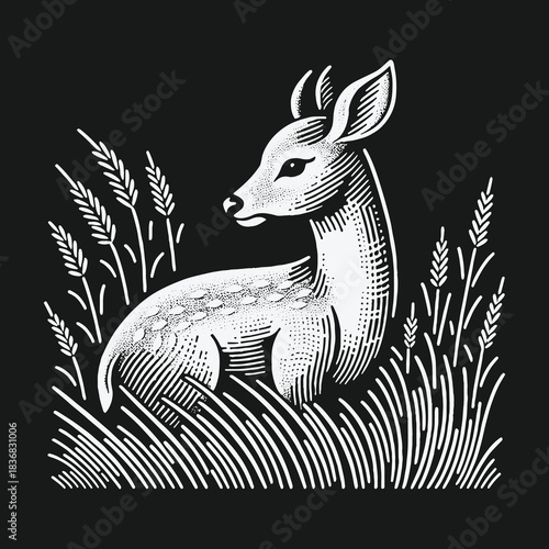 Vintage style engraving of a young deer fawn sitting in tall grass.